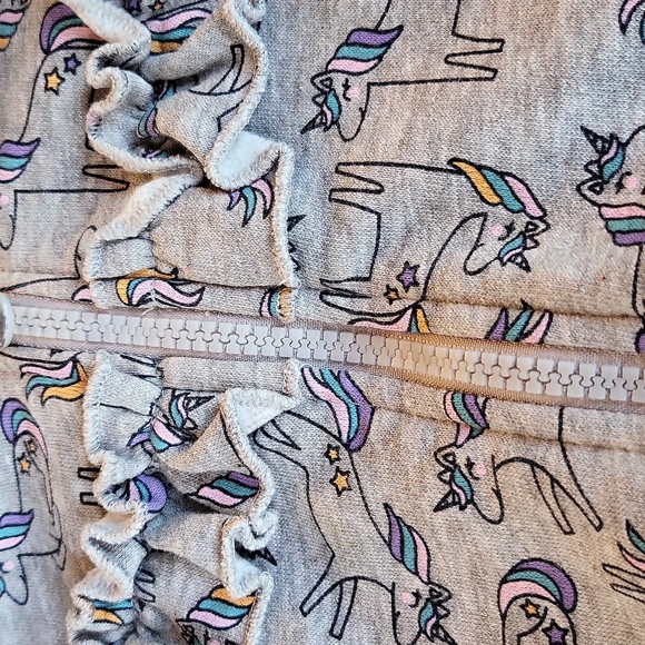 Grey zip up unicorn print hoodie with front ruffle. - Picture 4 of 4